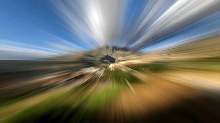Blurred landscape with a building under a blue sky with white clouds.