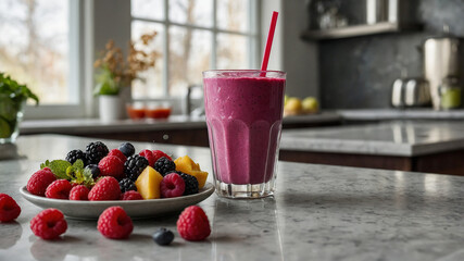 transparent glass of bright magenta berry smoothie sits in the exact center of the frame. The smoothie is topped with a colorful array of fresh berries, granola, and a drizzle of honey. 