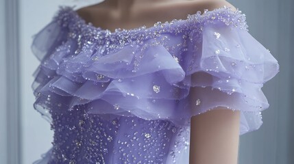 Lilac gown with delicate embellishments.  Ruffled shoulder detail