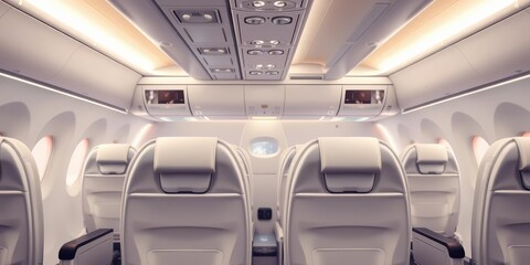 Obraz premium Sleek white airplane seats, overhead bins, modern cabin lighting, clouds, technology