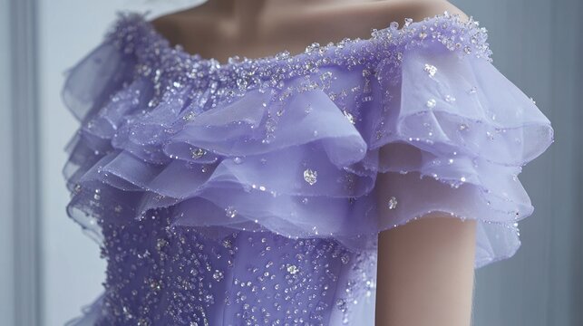 Lilac gown with delicate embellishments.  Ruffled shoulder detail