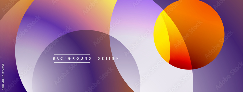Poster Abstract composition featuring overlapping circles. Gradient colors blend purple, orange, yellow. Modern design element for backgrounds.