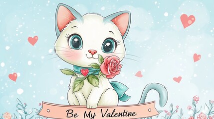 Cute Cartoon Kitten with Big Sparkling Eyes and Playful Expression