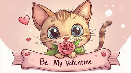 Cute Cartoon Kitten with Big Sparkling Eyes and Playful Expression