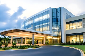 Modern hospital facade with sunrise lighting