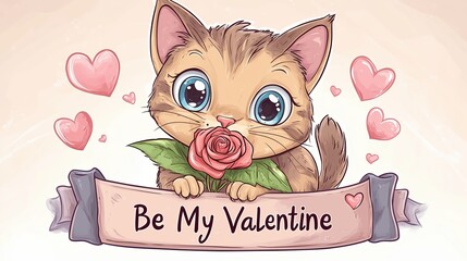 Cute Cartoon Kitten with Big Sparkling Eyes and Playful Expression