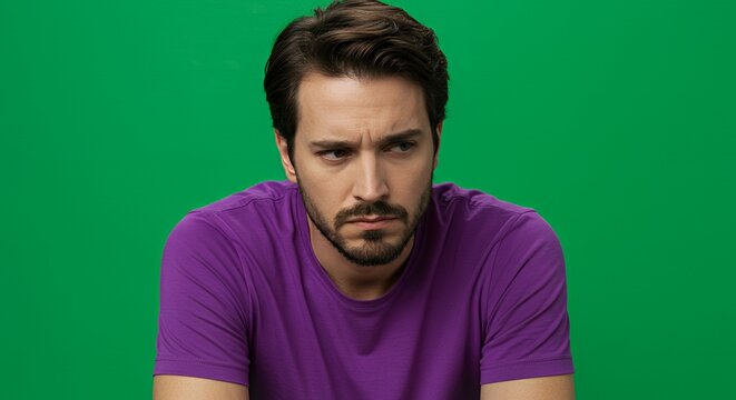 A Pensive Man in Purple on Green Background