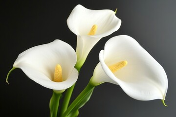 The white calla, an exquisite exotic flower, is prominently displayed against a dark backdrop in a close-up view