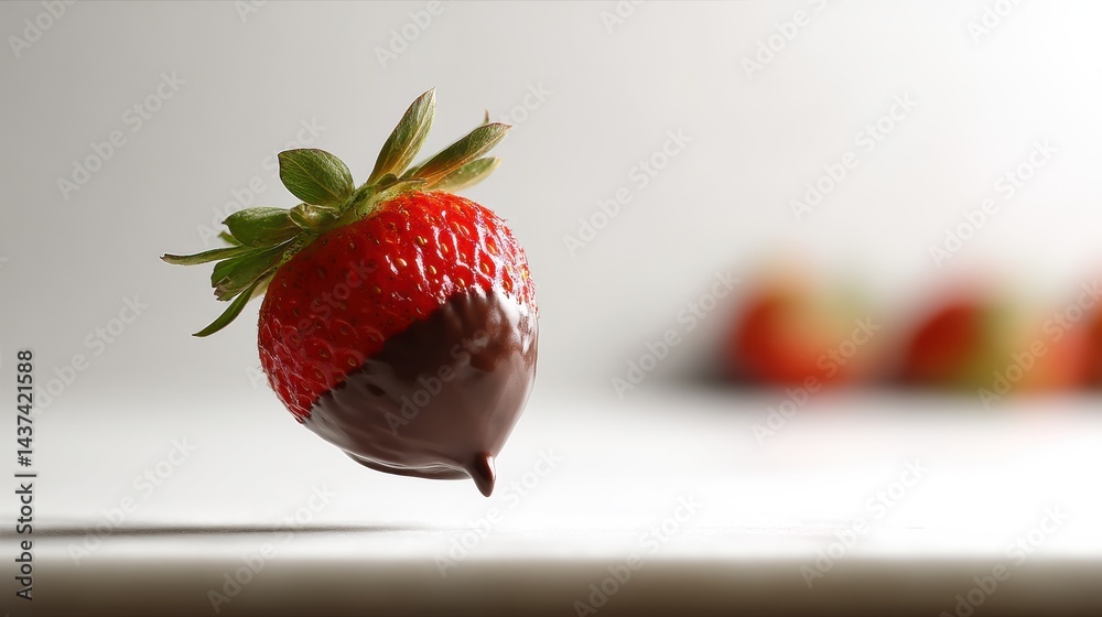 Poster chocolate dipped strawberry floating in mid-air with soft background and bright lighting