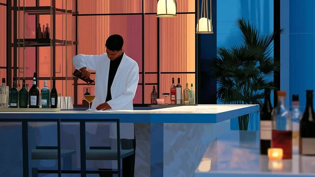 Bartender Mixing Drinks at Casino Bar in Evening Lounge