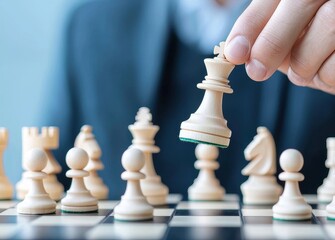 A hand moves a chess piece on a board during a strategic game.