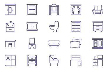 Furniture Line Icons. Editable Stroke. Pixel Perfect. For Mobile and Web. Contains such icons as Lamp, Armchair, Tv Bench, Desk, Sofa, Couch, Door, Bed, Wardrobe, Bath, Dining Table, Mirror.