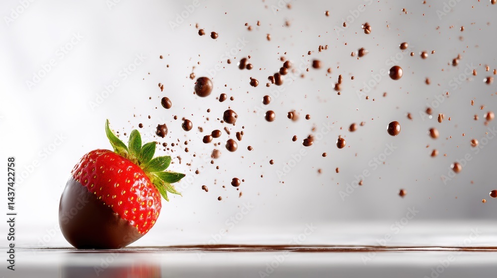 Poster Chocolate Dipped Strawberry Floating Above the Surface With Chocolate Splashes in a Bright Setting