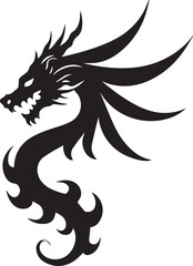 Dragon tattoo design, vector illustration, Dragon logo, black and white illustration of a stylized dragon, transparency background.