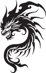Dragon tattoo design, vector illustration, Dragon logo, black and white illustration of a stylized dragon, transparency background.