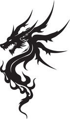 Dragon tattoo design, vector illustration, Dragon logo, black and white illustration of a stylized dragon, transparency background.