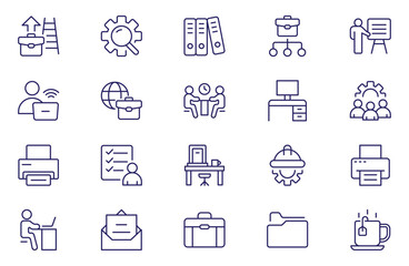 Workplace web icons in line style. Employee, conference, project, document, business, work, support, contact us, productivity strategy, collection. Vector illustration.