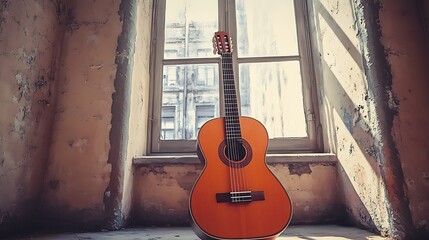 Vintage guitar by window sunlight