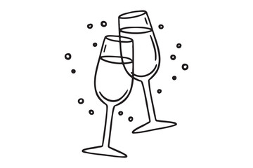Two glasses wine or champagne doodle outline hand drawn icon. Cheers with alcohol drink and cocktail sign. Champagne glasses make cheers. Element for celebration, party, holiday