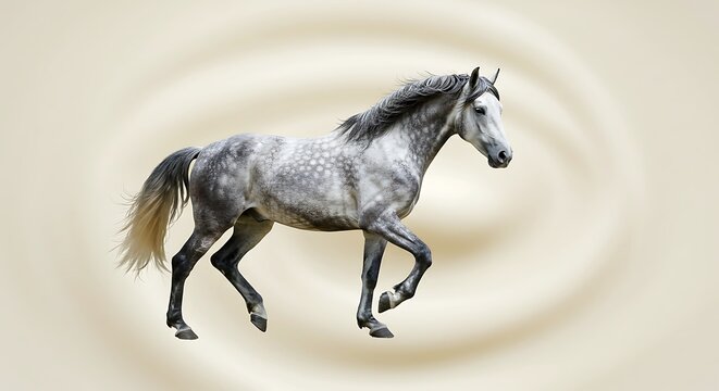 Majestic dapple-gray Arabian horse in motion against a cream-colored backdrop