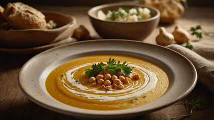 Centerpiece of Warm Golden Soup A single bowl of vibrant golden soup, garnished with a swirl of cream, sits precisely in the middle of the composition. The bowl is ceramic with a textured matte finish