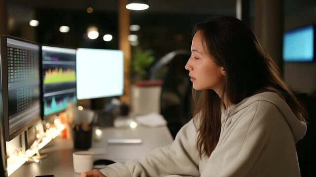 Data Analyst Reviewing Dashboards in a Quiet Morning Office