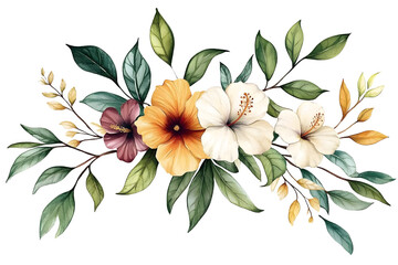 Watercolor of Tropical spring floral green leaves and flowers s isolated on transparent png background, bouquets greeting or wedding card decoration