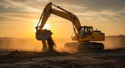 Excavator Silhouette at Sunset: Golden Hour Construction