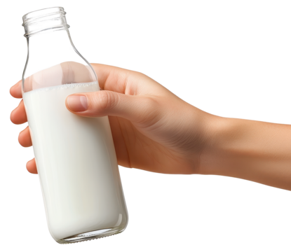 hand holding a milk in glass bottle isolated on transparent background