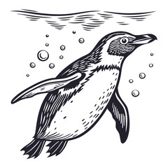 Black and White of Penguin Swimming Underwater with Bubbles, Ocean Waves