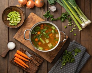 A bowl of fresh, healthy vegetable soup with green parsley makes a delicious vegetarian meal
