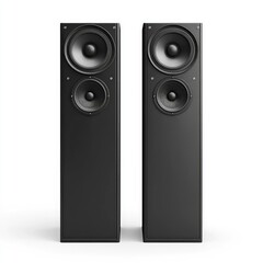 Obraz premium Two black speakers standing side by side, isolated on a white background.