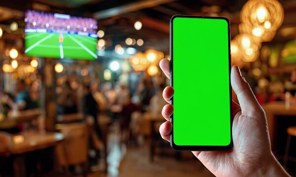 Hand Holding Smartphone with Green Screen in a Busy Sports Bar