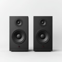 Two black speakers standing side by side, isolated on a white background.