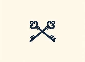 Two antique keys crossed, vector logo design, simple line art illustration