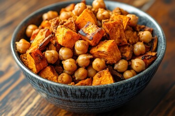 Fototapeta premium A delicious bowl of roasted chickpeas and sweet potato, seasoned with cumin and paprika
