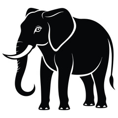 Black Silhouette of a Full Body Standing Elephant Isolated on a White Background