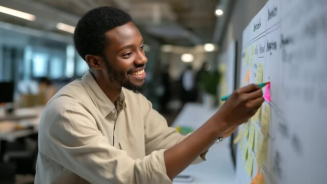 Office worker updating project status board in afternoon