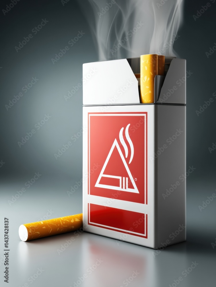 Poster transformation of a toxic warning label into a cigarette pack shape with smoke effects presented art