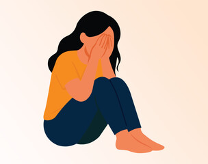 Flat minimalistic vector illustration of a sad young woman sitting with hands covering her face and tears falling. Emotional expression in soft pastel tones, no outlines, white background. 