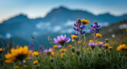 Obraz premium Vibrant purple wildflowers blooming in alpine meadow with majestic blue mountain range in background. Mountain flora, hiking destinations, botanical tours, summer adventures.