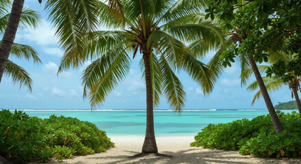 Obraz premium Tropical beach paradise framed by coconut palm trees, lush green vegetation with view blue lagoon. gateway to pristine shoreline. Island escape, honeymoon destinations, beach weddings, summer holidays