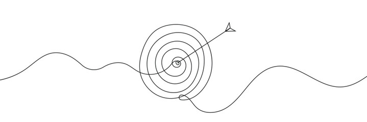 Continuous drawing of one edited target line in the center with an arrow. The arrow on the target is vector linear illustration. Business concept to achieve the goa