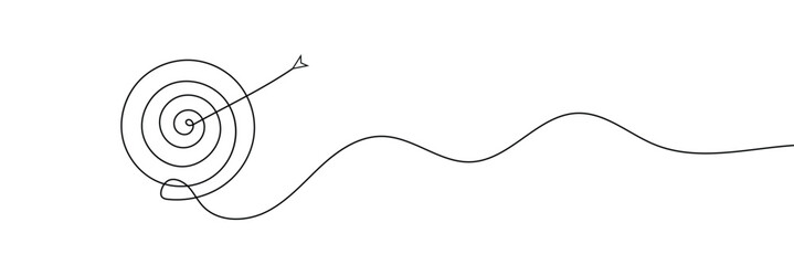 Continuous drawing of one edited target line in the center with an arrow. The arrow on the target is vector linear illustration. Business concept to achieve the goa