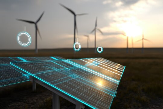 Solar panels, wind turbines, sunset