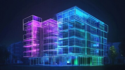 Futuristic apartment building, glowing wireframe model