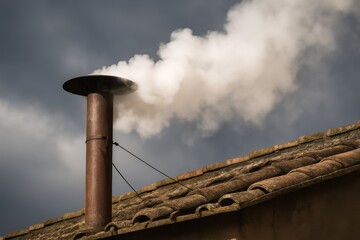 Close-up of a Vatican chimney releasing white smoke, symbolizing the election of a new Pope. Captured against a cloudy sky with a solemn and historical atmosphere, ideal for religious and editorial us