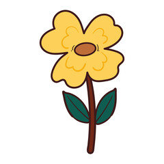 hand drawing cartoon yellow flower and green leaves. cute flower and leaves drawing, doodle for sticker or icon