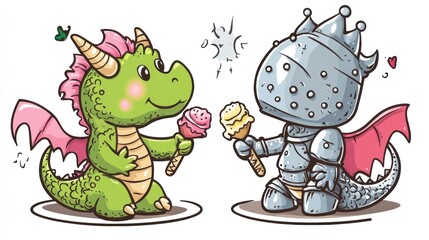 Obraz premium Cute dragon and knight sharing ice cream