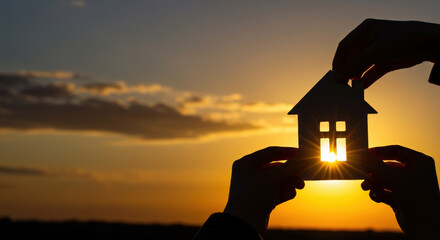 Hands holding house model with cross against sunset sky. Faith and home concept. Religious symbol at dusk. Church community. Family prayer. Christian values. Horizontal banner